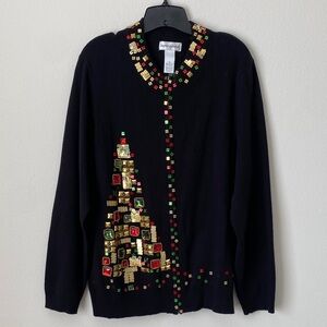 Festive Black Cardigan with Gold and Red Accents